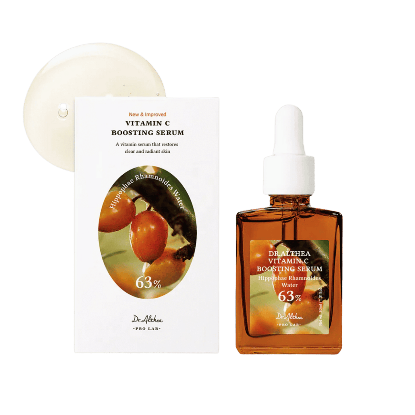DR. ALTHEA Vitamin C Boosting Serum bottle with dropper - brightening facial serum with 15% vitamin C for dark spots, anti-aging, and glowing skin