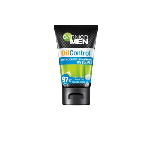 Garnier Men Oil Control Anti-Blackheads Brightening Icy Scrub 100ml for deep cleansing and oil control – available at Skinstash.pk