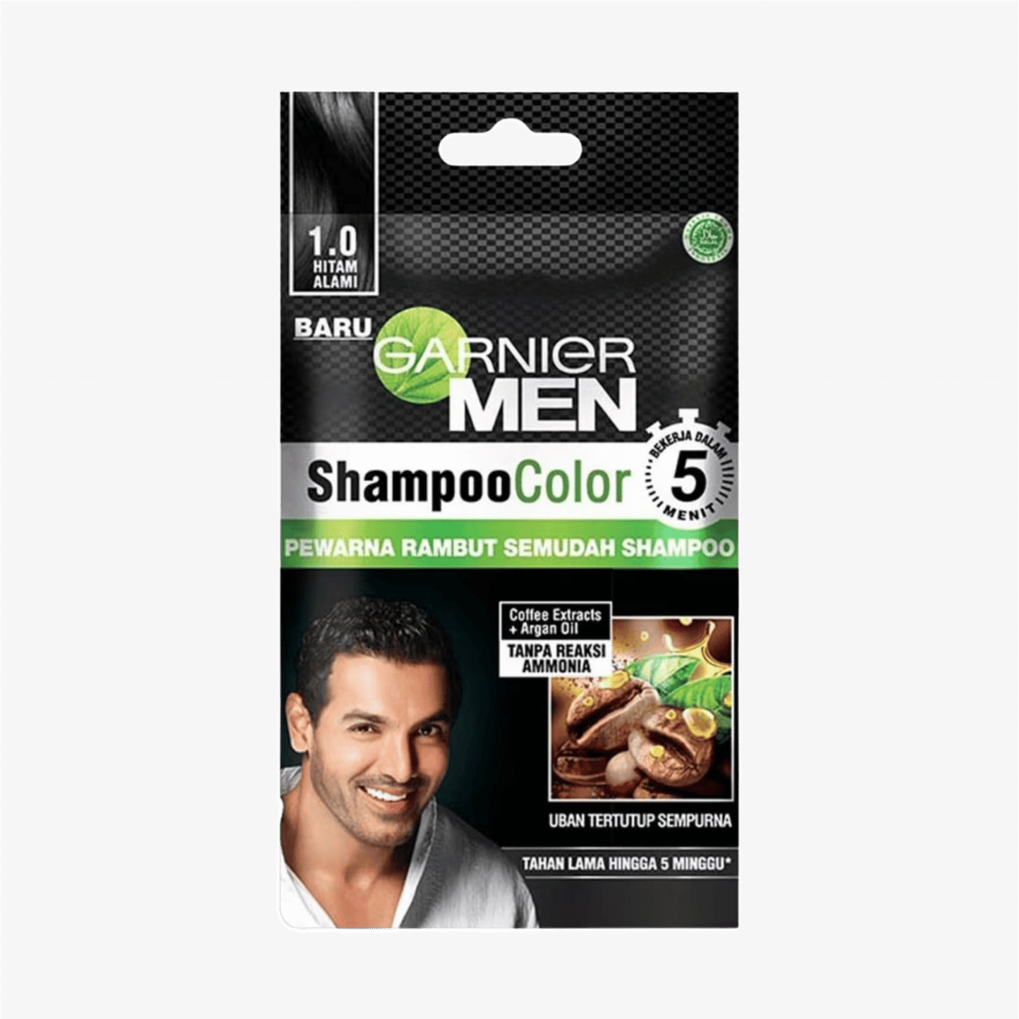 Garnier Men Shampoo Color Coffee Extracts + Argan Oil 1.0 Hitam Alami (10 ml) available at skinstash.pk