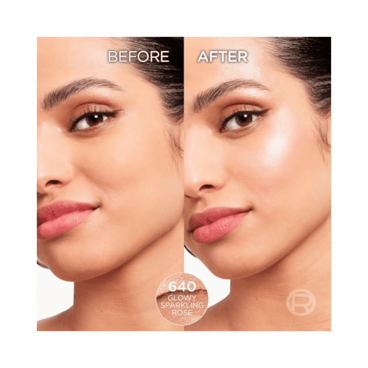 Before and after comparison of a woman's face with a showing a cosmetic product effect.