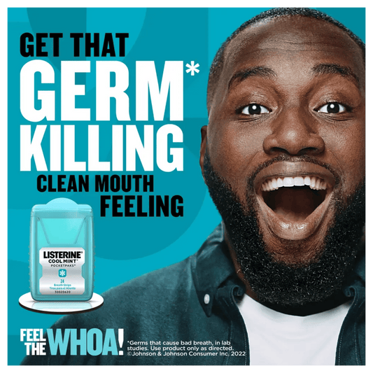 Listerine mouthwash with a man showing a surprised expression available at skintash.pk