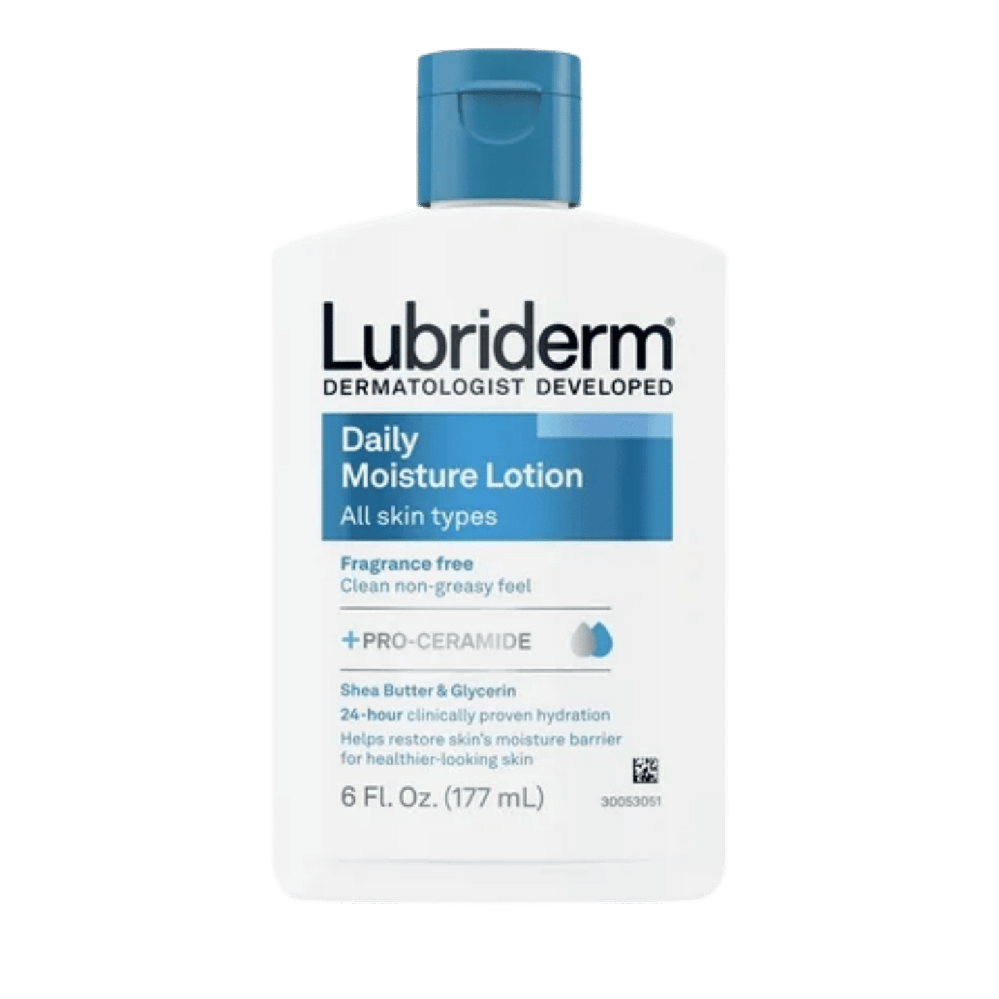 Lubriderm Daily Moisture Lotion + Pro-Ceramide (177ml) – Hydrating body lotion with pro-ceramide to strengthen the skin barrier, provide long-lasting moisture, and keep skin soft and healthy – Available at Skinstash.pk