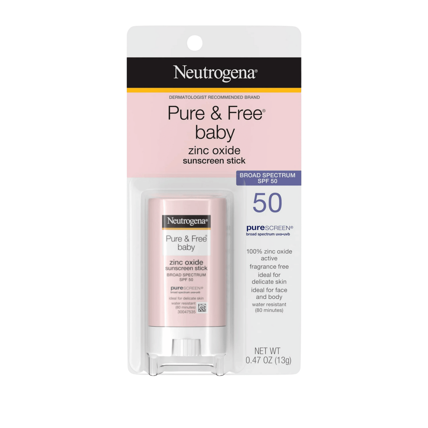 Neutrogena Pure & Free Baby Mineral Sunscreen Stick SPF 50 (13g) – Gentle, fragrance-free baby sunscreen stick with broad-spectrum mineral protection to shield delicate skin from harmful UVA/UVB rays – Available at SkinStash.pk