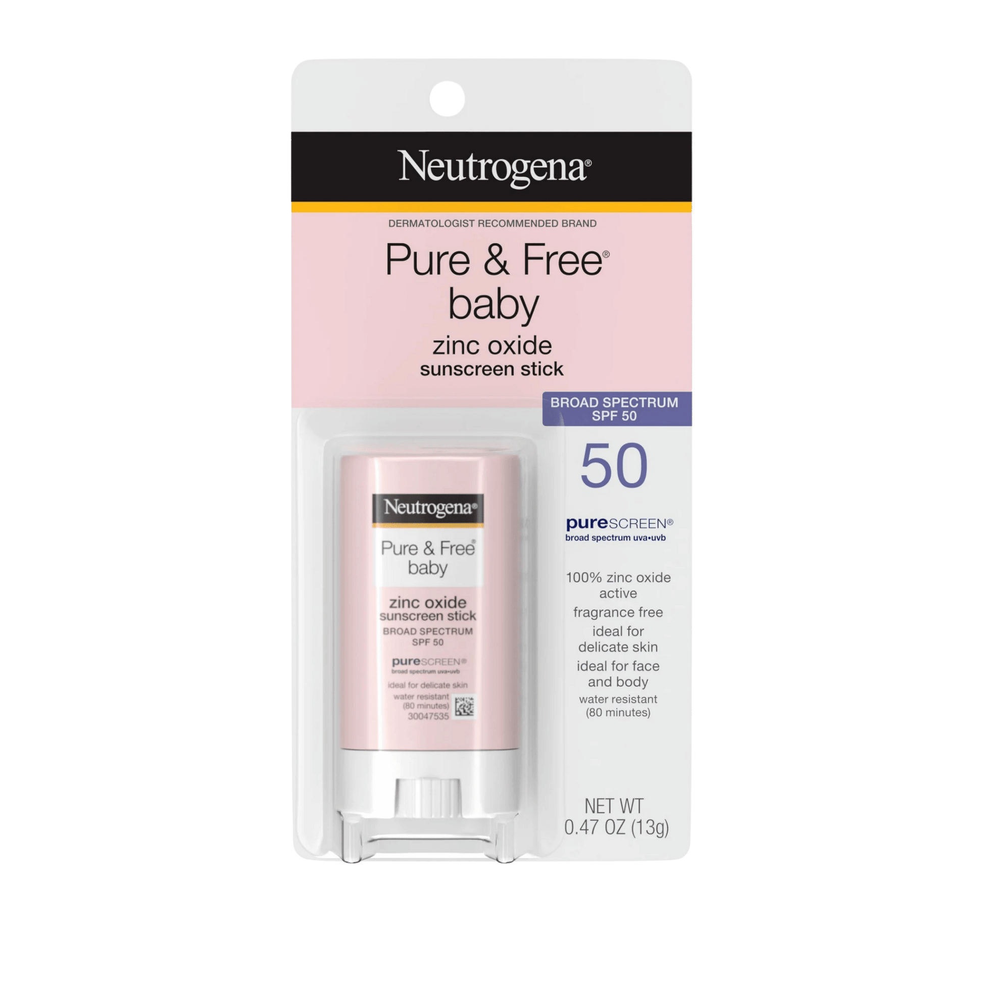 Neutrogena Pure & Free Baby Mineral Sunscreen Stick SPF 50 (13g) – Gentle, fragrance-free baby sunscreen stick with broad-spectrum mineral protection to shield delicate skin from harmful UVA/UVB rays – Available at SkinStash.pk