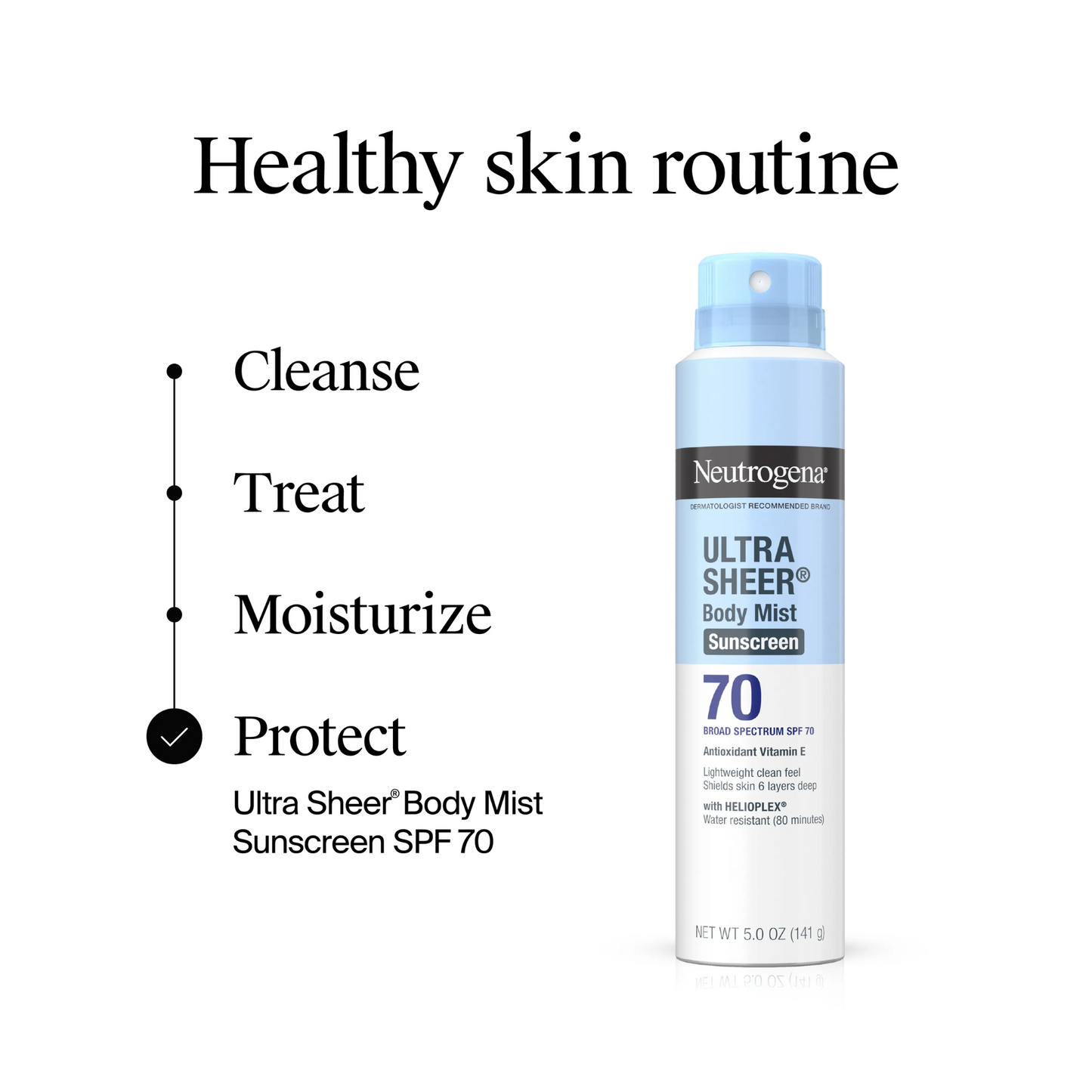 Neutrogena Ultra Sheer Body Mist Sunscreen SPF 70 with 'Healthy skin routine'available at skintash.pk