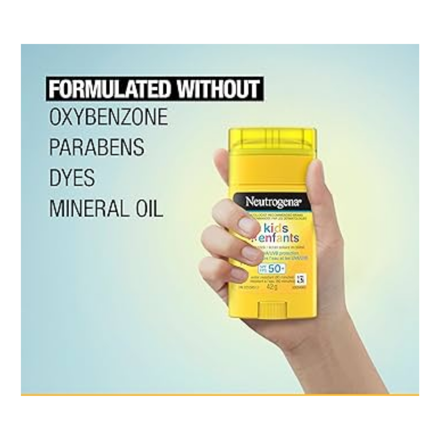Neutrogena Kids sunscreen bottle held in a hand with text about ingredients on a light blue background