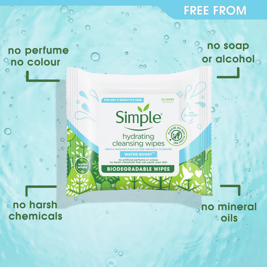 Simple Water Boost Biodegradable Hydrating Facial Wipes (20Ct)