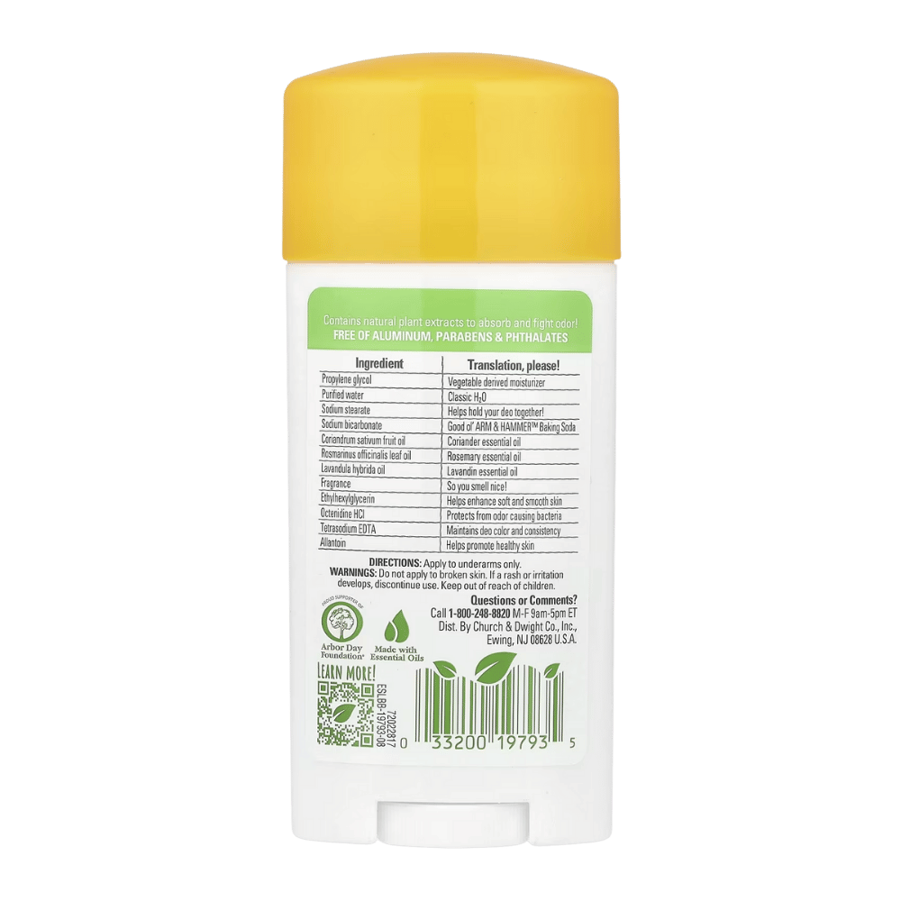 Back view of a white deodorant stick with a yellow cap on a white background