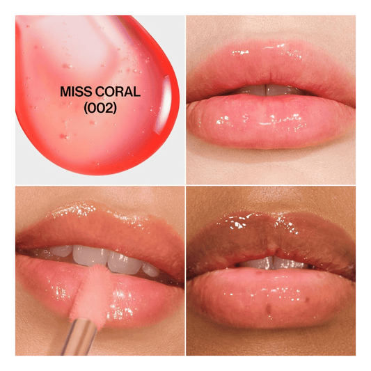 Lip gloss shade 'Miss Coral' (002) shown on lips