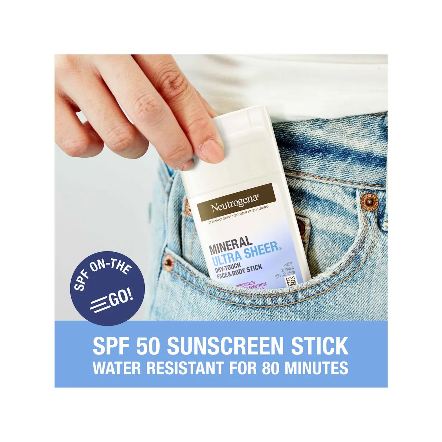Neutrogena Mineral Ultra Sheer sunscreen stick packaging being placed available at skintash.pkin a pocket