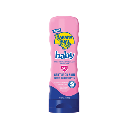 Banana Boat Baby Lotion SPF 50+ (177ml) – Gentle sunscreen lotion specially formulated for babies’ delicate skin, offering broad-spectrum UVA/UVB protection with a tear-free, hypoallergenic formula – Available at Skinstash.pk