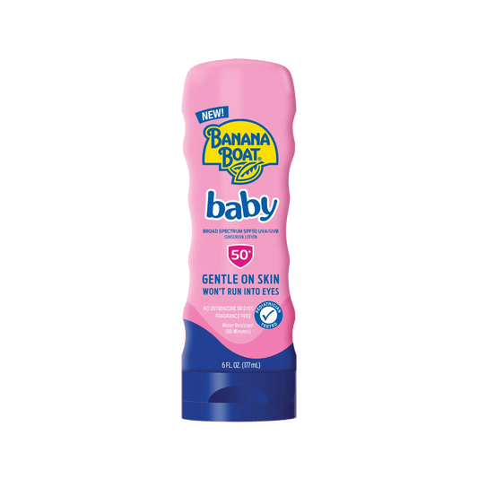 Banana Boat Baby Lotion SPF 50+ (177ml) – Gentle sunscreen lotion specially formulated for babies’ delicate skin, offering broad-spectrum UVA/UVB protection with a tear-free, hypoallergenic formula – Available at Skinstash.pk
