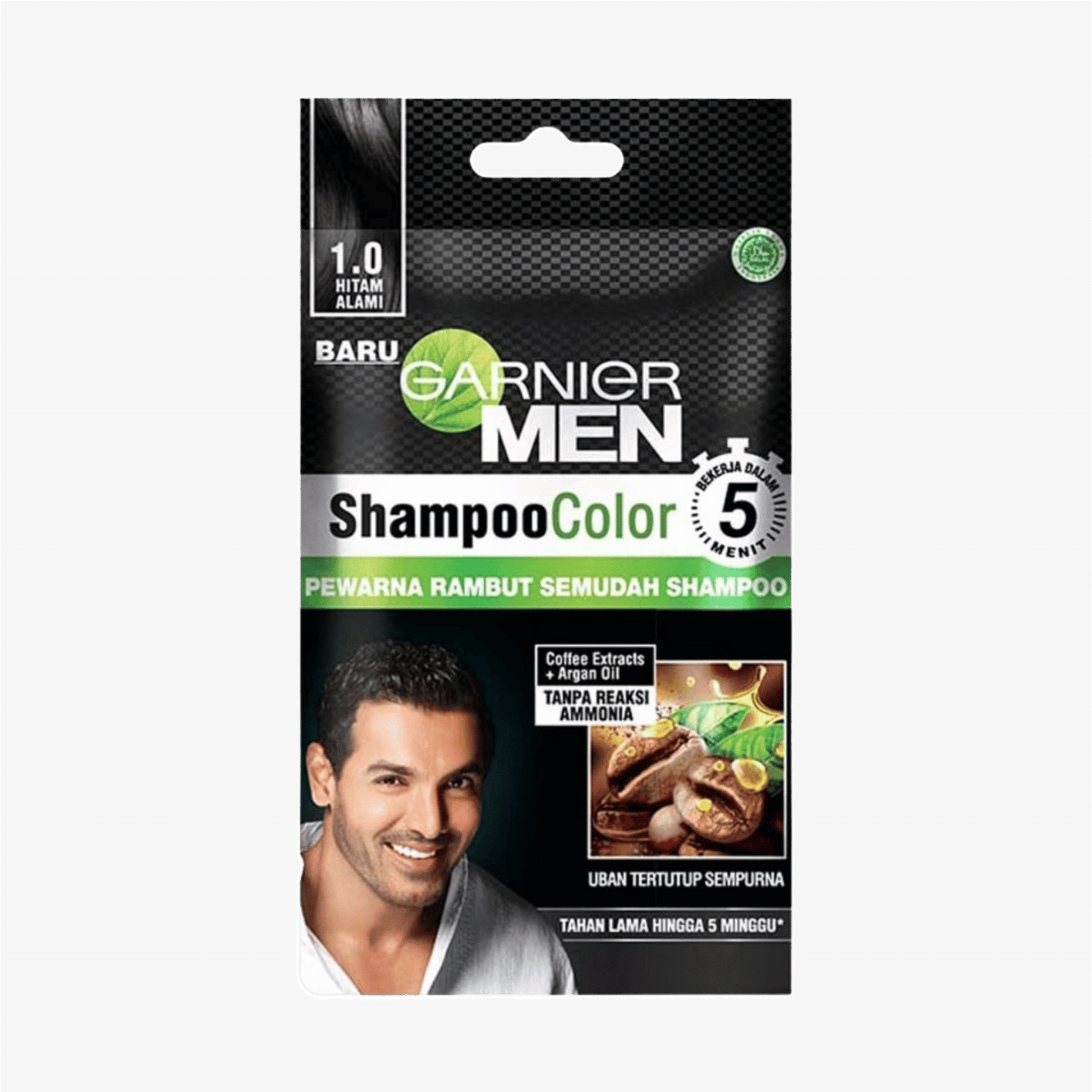 Garnier Men Shampoo Color Coffee Extracts + Argan Oil 1.0 Hitam Alami (10 ml) available at skinstash.pk