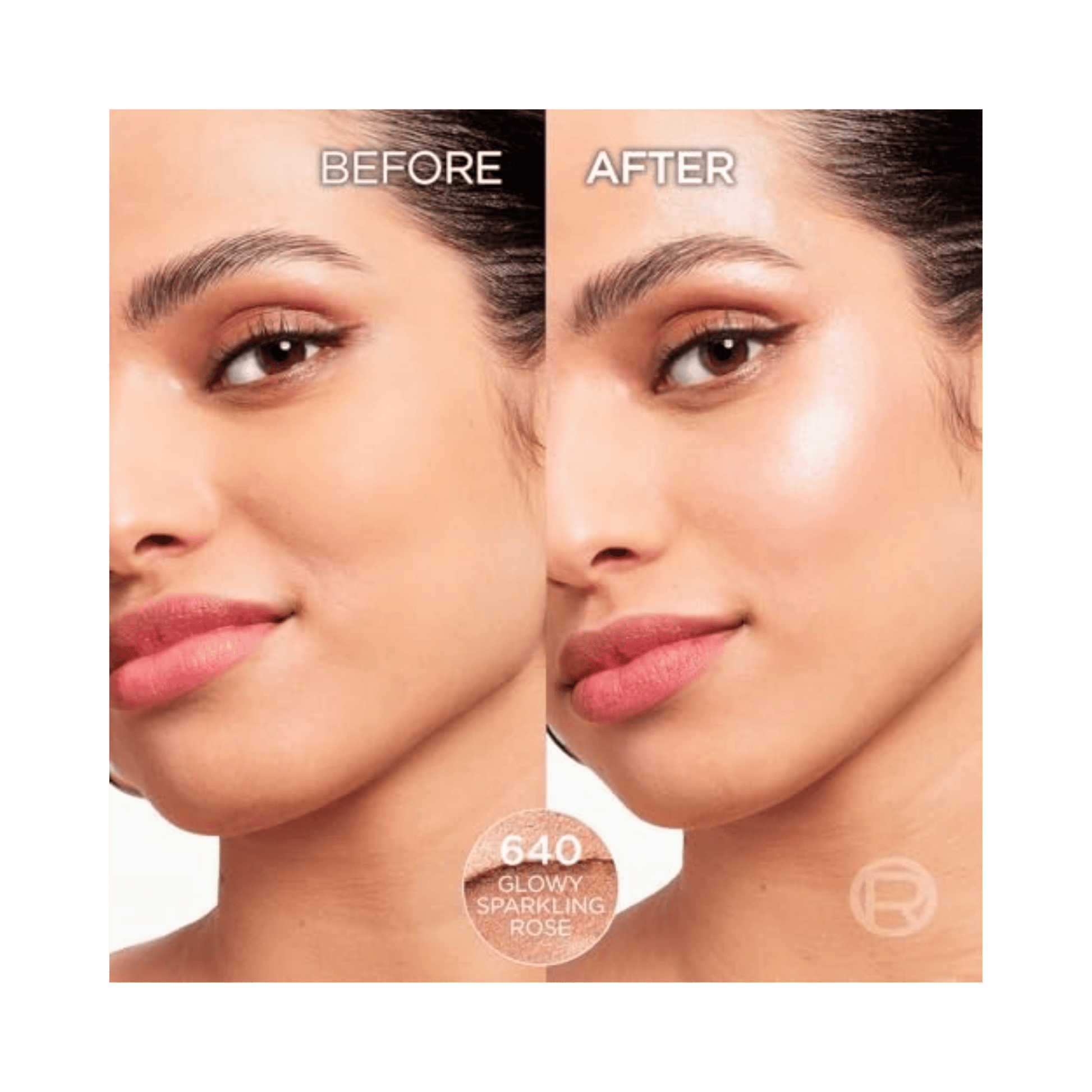 Before and after comparison of a woman's face with a showing a cosmetic product effect.