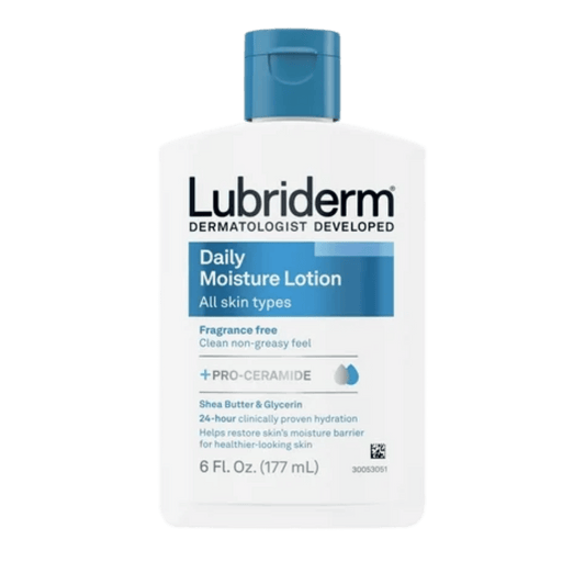 Lubriderm Daily Moisture Lotion + Pro-Ceramide (177ml) – Hydrating body lotion with pro-ceramide to strengthen the skin barrier, provide long-lasting moisture, and keep skin soft and healthy – Available at Skinstash.pk