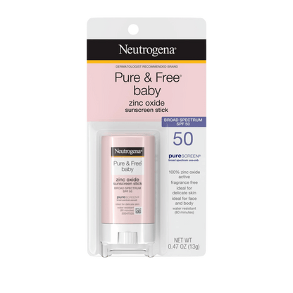Neutrogena Pure & Free Baby Mineral Sunscreen Stick SPF 50 (13g) – Gentle, fragrance-free baby sunscreen stick with broad-spectrum mineral protection to shield delicate skin from harmful UVA/UVB rays – Available at SkinStash.pk