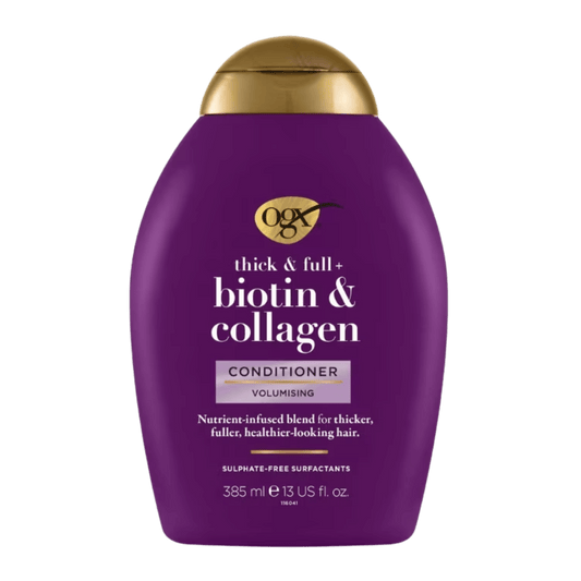 OGX Thick & Full + Biotin & Collagen Volumizing Conditioner 385ml – For fuller, thicker-looking hair with added volume Available at skinstash.pk
