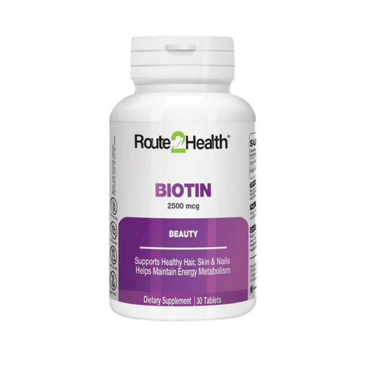 Route2Health Biotin 2500mcg (30 Tablets) – supports healthy hair, skin, and nails with daily beauty nutrition at Skinstash.pk