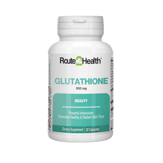 Route2Health Glutathione 500mg (30 Tablets) – powerful antioxidant for skin brightening, detox, and immune support at Skinstash.pk