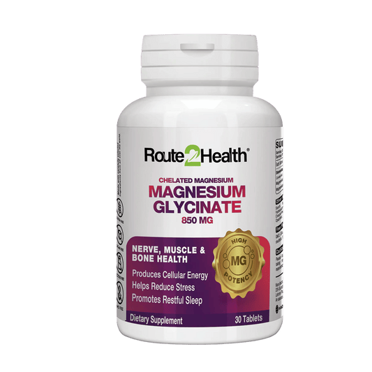 Route2Health Magnesium Glycinate (30 Tablets) – gentle magnesium supplement for better sleep, muscle relaxation, and stress support at Skinstash.pk