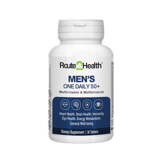 Route2Health Men’s One Daily 50+ Multivitamin (30 Tablets) – complete nutritional support for men over 50 to maintain energy, heart, and bone health at Skinstash.pk