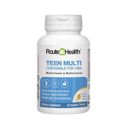 Route2Health Teen Multi Chewable for Him (30 Tablets) – daily multivitamin support for teenage boys’ growth, energy, and immunity at Skinstash.pk
