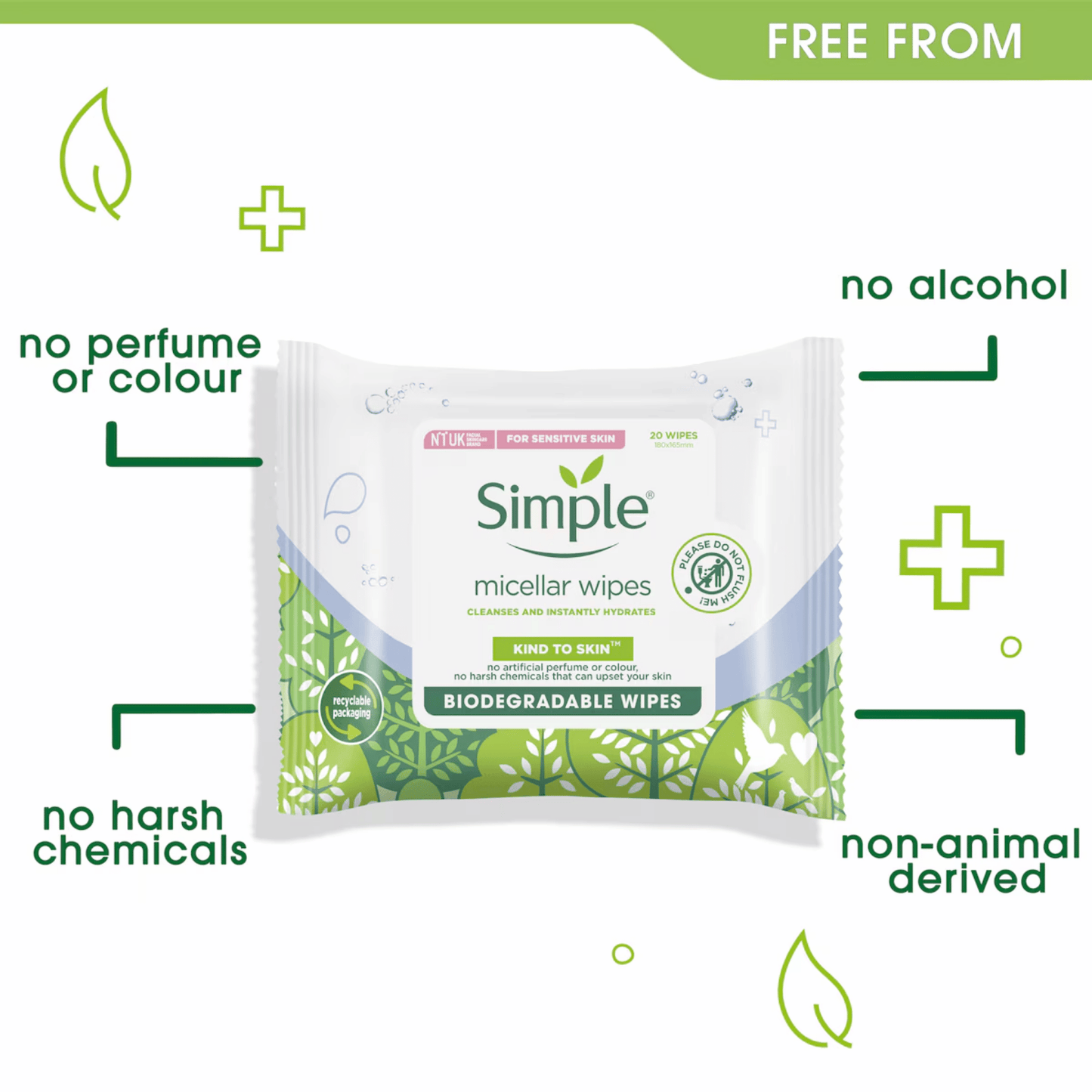 Simple Kind to Skin Biodegradable Micellar Facial Wipes 20 Ct