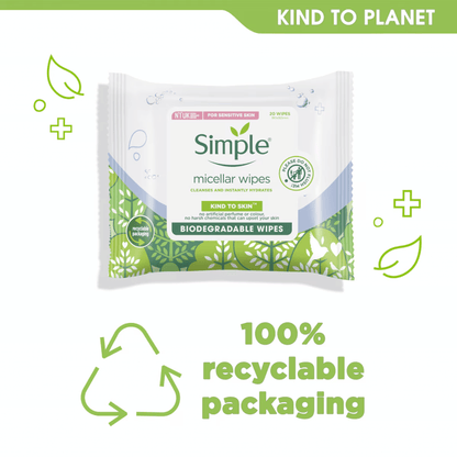 Simple Kind to Skin Biodegradable Micellar Facial Wipes 20 Ct