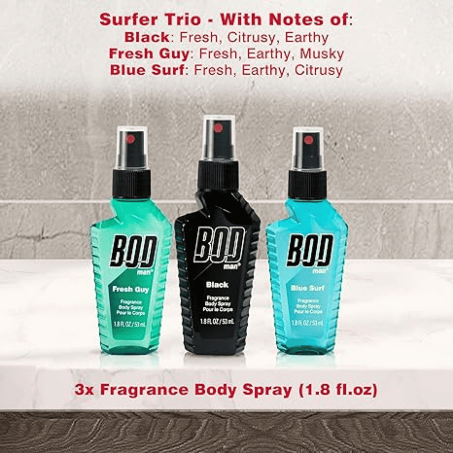 BOD Man 3-Piece Body Spray Gift Set (Black, Fresh Guy, Blue Surf) (53ml each)