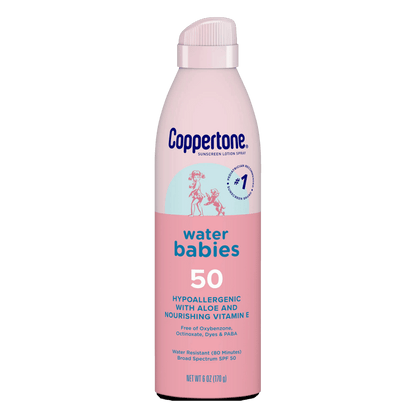 Get your babies Coppertone Water Babies 50 SPF Sunscreen Lotion Spray at your doorstep