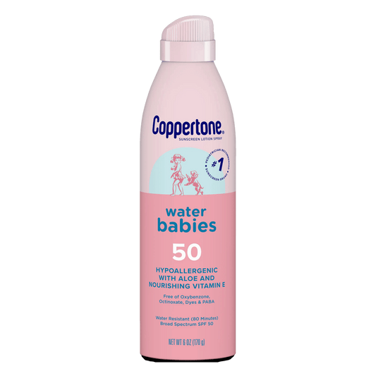 Get your babies Coppertone Water Babies 50 SPF Sunscreen Lotion Spray at your doorstep