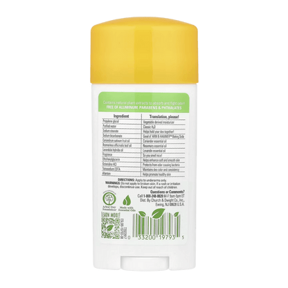 Back view of a white deodorant stick with a yellow cap on a white background