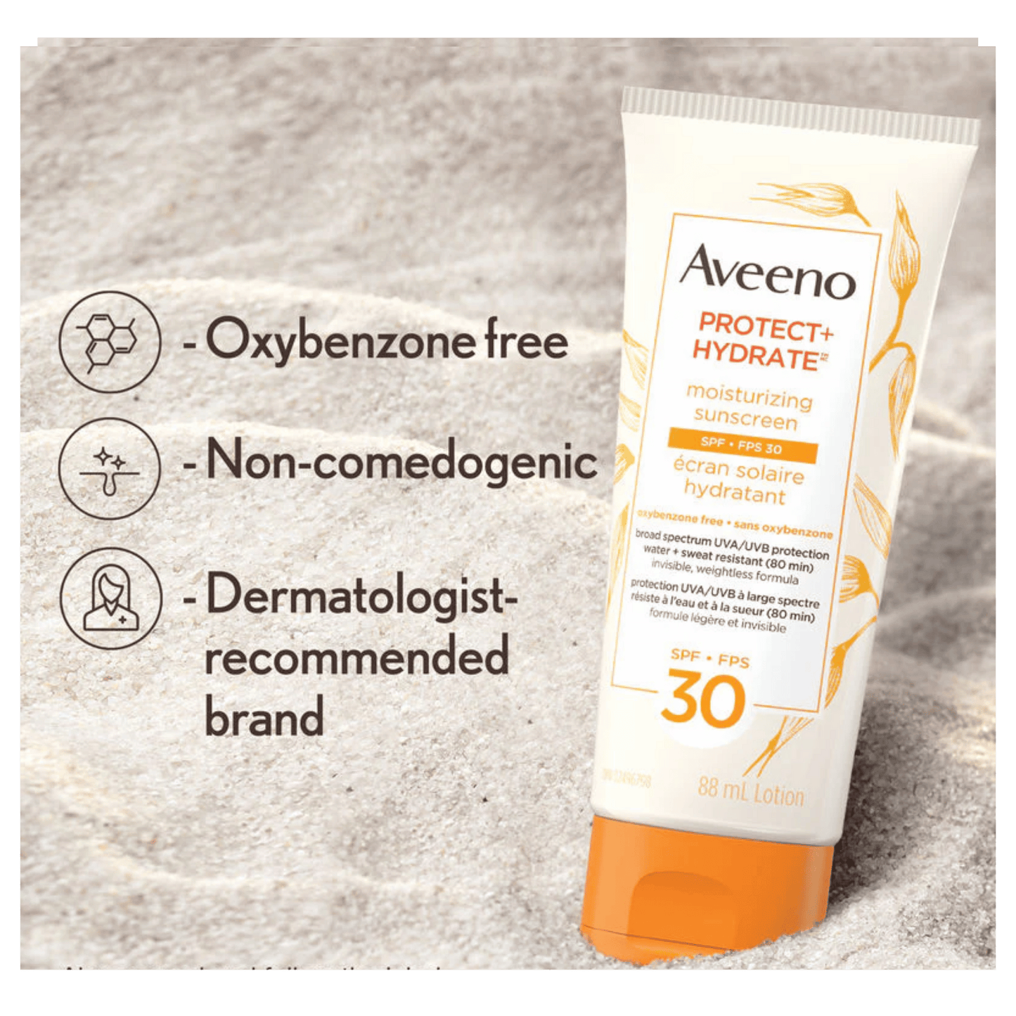Aveeno sunscreen tube with product features