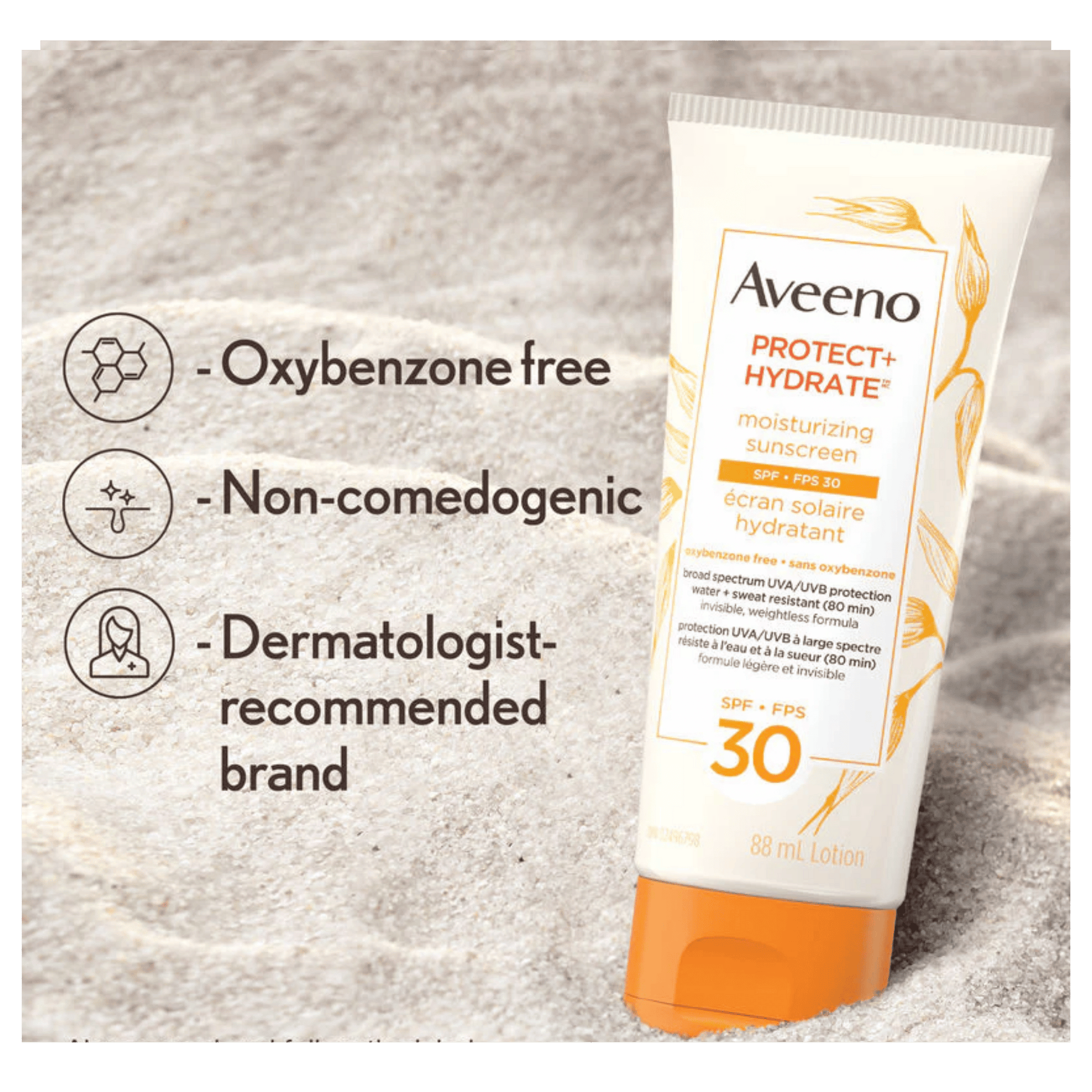 Aveeno sunscreen tube with product features