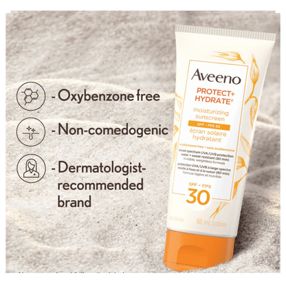 Aveeno sunscreen tube with product features