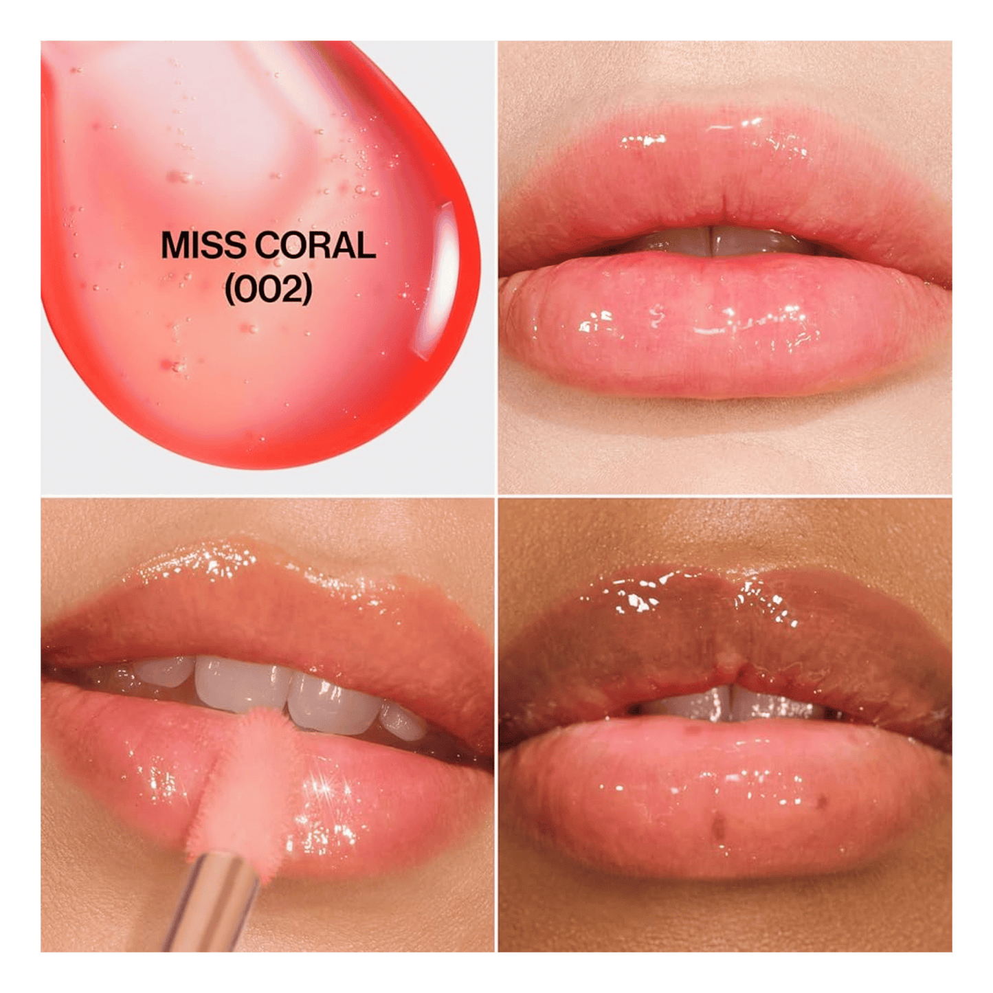 Lip gloss shade 'Miss Coral' (002) shown on lips 