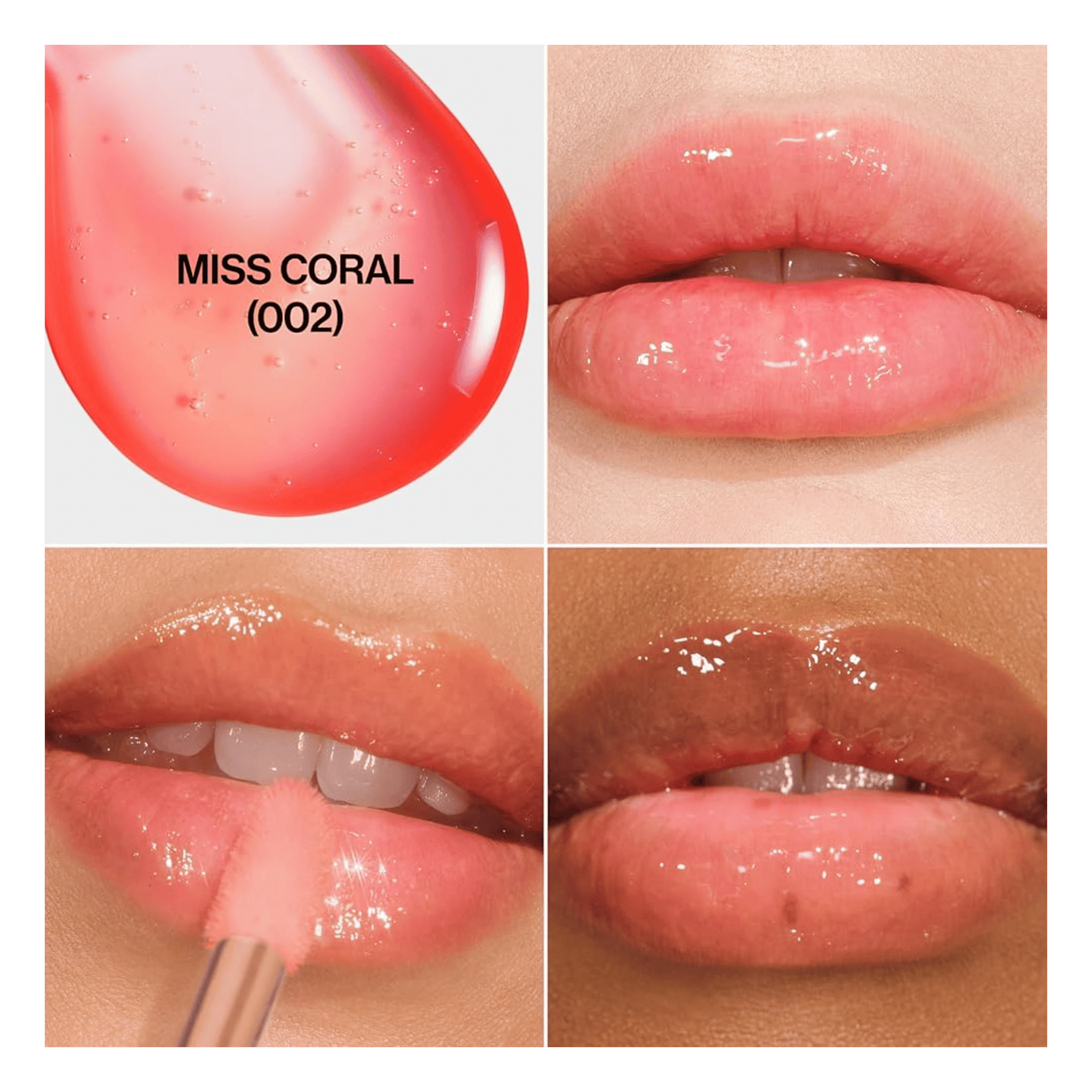 Lip gloss shade 'Miss Coral' (002) shown on lips 