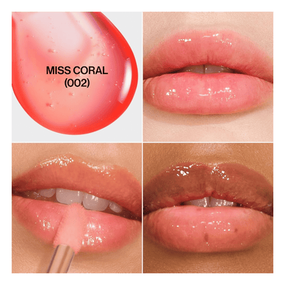 Lip gloss shade 'Miss Coral' (002) shown on lips 